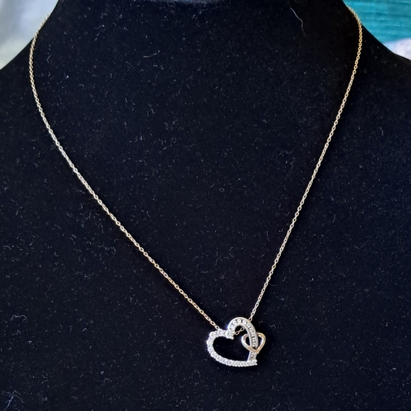 Vintage Sterling Silver & 10K Yellow Gold Double Heart Pendant Graduated Stones - Picture 5 of 10